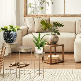 WHW Whole House Worlds Paisley Metal Plant Stands, Set of 3, Circular Nesting Tables, Lattice Tops, Slim Line Base, Vintage Gold Finish, Iron, 20, 23, and 28 Inches