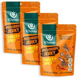 Ichoose Muskee Musky Mushroom Jerky, Vegan, High-Fiber Snack, | Beef Jerky Alternative, Perfect for Valentines & Snack Packs 1.59 OZ (45 g) (45g - 3 PACK, spicy & sweet)