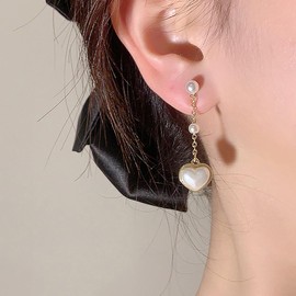 Baroque Heart Pearl Dangle Earrings for Women Bohemia Vintage Gold-Plated Pearl Love Dangling Earrings Long Chain Love Tassel Earrings Jewelry Gifts (Gold)