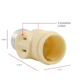 Power Gear 2-Outlet Socket Adapter, Add 2 Outlets to a Bulb Socket, 2 Prong, Polarized Outlets, Medium Base Socket, Use in Workshop, Garage or Utility Room, UL Listed, Light Almond, 54178