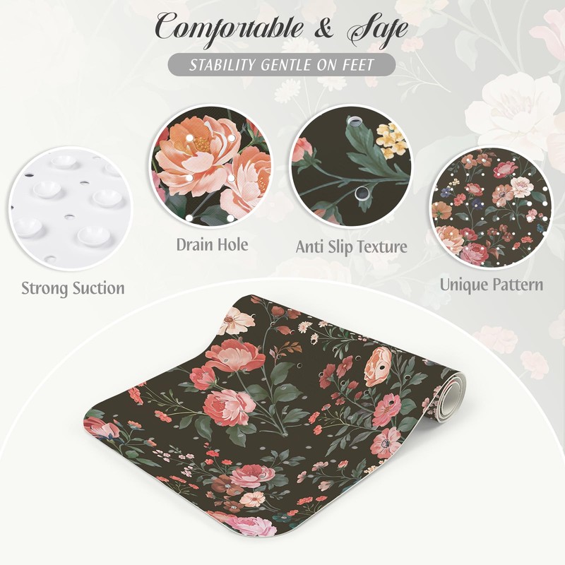 SHUCHING Black Bath Mat for Tub Non Slip-40x16 Inch, Wildflower