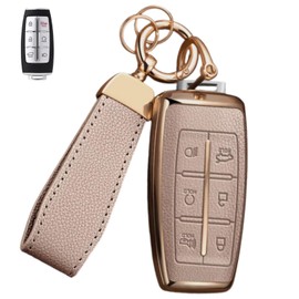 WiiLemz Key Fob Cover for Genesis with Key Chain, Upper Leather + Soft TPU Key Cover Case Shell for Genesis G70 G80 G90 GV70 GV80 GV90 (6-Buttons, Rose Gold)