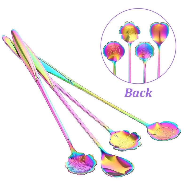 Flower Spoon Set Rainbow Stainless Steel Reusable Long Spoons Cute