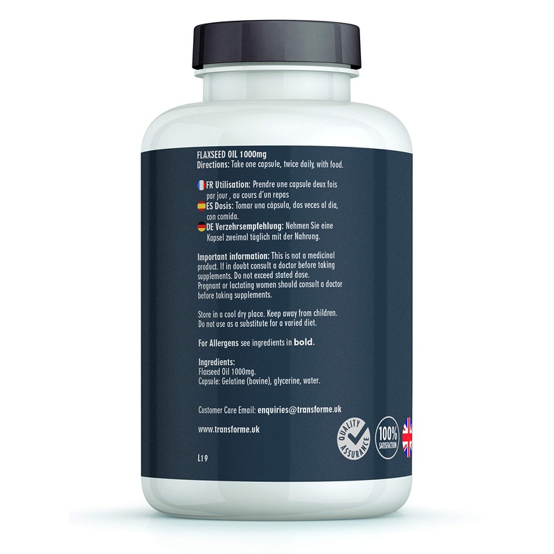 Transforme Flaxseed Oil Capsules 1000mg, Cold Pressed Omega 3 6