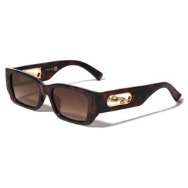Dweebzilla Slim Sleek Plastic with Metal Jaguar Cut Out Retro Rectangular Sunglasses (Brown Tortoise & Gold Frame - Brown Gradient Lenses)