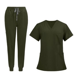 Uniform Scrub Set Short Sleeve Nurse Top and Pants V Neck Womens Work Suits Workwear for Healthcare, Cosmetology, Pet Shop, Green, S