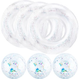 6 Pcs Inflatable Glitter Clear Pool Float Tube Glitter Beach Ball Include 3 Pcs Inflatable Confetti Swim Ring 3 Pcs Inflatable Confetti Beach Ball for Beach Water Pool Party (Color Set 2)