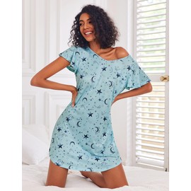 Ekouaer 2 Pack Nightgowns for Women Flare Short Sleeve Sleepshirt V Neck Sleepwear Plain/Floral Print Pajama Dress S