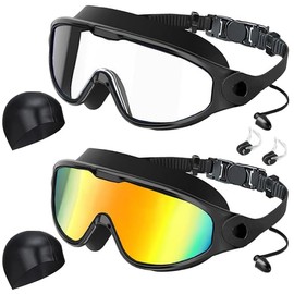 2 Piezas Gafas De Natación Con Visión Gran Angular,Protección Antivaho Y UV,Con Tapones Para Los Oídos,Pinza Nasal Y Gorro De Natación,Aptas Para Hombres Y Mujeres (Transparente+Naranja)