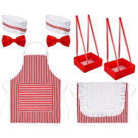 Therwen Red and White Stripe Apron Waiter Costume Soda Jerk Chef Hat Red Bow Ties Snack Tray Couple Bib Aprons Set (Striped)