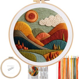 FONNUY Embroidery Kit for Beginners, Textured Vibrant Nature Landscape Pre-Stamped Pattern Kits for Adults with Hoop, Easy to Follow Color Thread Needlework, 8'' Hoop (Red 1)