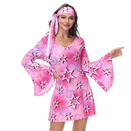 frawirshau Disco Outfit Women Disco Dress 80s Outfit for Women Hippie Clothes for Women Disco Cosplay Outfits Costume Pink Size M