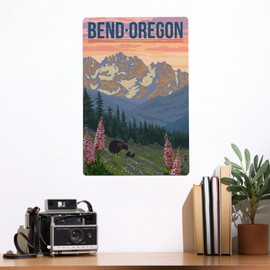 Lantern Press 12x18 Inch Metal Sign, Bend, Oregon, Bear and Spring Flowers