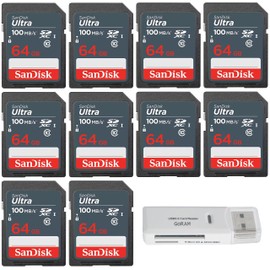 SanDisk 64GB Ultra SDXC UHS-I Class 10 Memory Card 100MB/s U1, Full HD, SD Camera Card (10 Pack) Bundle with (1) GoRAM USB 3.0 Multi Card Reader (64GB)