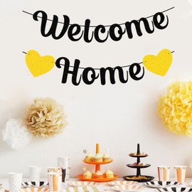 bng-bng Welcome Home Decorations Banners Glitter Hanging Bunting for Welcome Back Welcome Home Baby Shower Welcome Family Home Party Decorations Party Supplies Gold Black