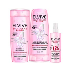 Kit LOréal Paris Elvive Tratamiento Ultra Gloss Glycolic Gloss 200 ml,  Elvive Acondicionador Glycolic Gloss, con Ácido Glicólico, 370 ml  Shampoo