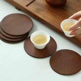 6 PCS Coffee Leather Coasters 10cm Round Leather Cup Mats Heat Resistant Table Protector