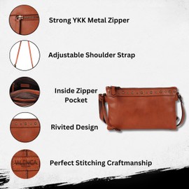VILENCA HOLLAND 9 inch Women's Genuine Italian Leather Boho Studded Crossbody Sling Bag – Premium Quality, Stylish (Cognac)