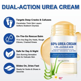 2PCS Urea Cream 60 Percent for Feet, Maximum Strength Urea Foot Cream Stick, Foot Moisturizer Lotion for Cracked Heels, Dry Hands & Rough Knees, Callus Remover & Skin Softener, Soften Dead Skin