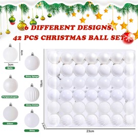 Pack of 42 Small Christmas Baubles White 6 Different Design Plastic Christmas Tree Baubles 3 cm Mini Christmas Baubles Plastic Christmas Tree Baubles Christmas Tree Decoration Baubles