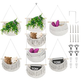 4 Tier Hanging Fruit Basket for Kitchen, 4 Pack Detachable Cotton Crocheted Wall Hanging Baskets Shelf Over Door Organizer for Fruit Veggie Plant, Hanging Storage Basket for Bathroom Bedroom(Beige)