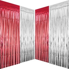 Red Silver Metallic Tinsel Foil Fringe Curtain - Circus Welcome Carnival Under The Top Birthday Graduation Wedding Anniversary Valentines Day New Year Party Photo Booth Backdrop Decoration, 4pc