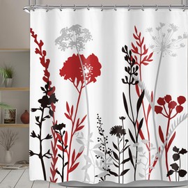 Omifly Burgundy Red Floral Shower Curtain 60Wx72H Inch Black Grey Silhouette Wildflower Rustic Boho Plant Vintage Botanical Leaves with 12 Plastic Hooks Fabric Waterproof Toilet Accessories Decor