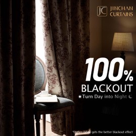 jinchan Blackout Linen Blend Curtain Floral Curtains for Living Room 96 Inch Length Brick Red Printed Curtain with Lined Blackout Curtains for Bedroom Farmhouse Curtains Set 2 Panels