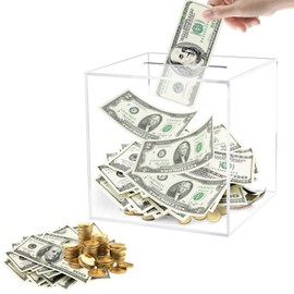 Clear Acrylic Money Box – Unbreakable & Unopenable Piggy Bank for Adults (12x12x12cm), Secure Savings Jar for Cash & Coins, Must Break to Open, Modern Square Design for Home or Office