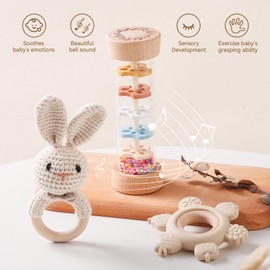 Baby Rattle Teething Ring Set - 3-Piece Set Baby Rattle with Crochet Animals and Rainmaker, Grasping Toy for Baby Toys 0 3 6 9 Months, Baby Gifts for Birth for Girls/Boys (Rainmaker)