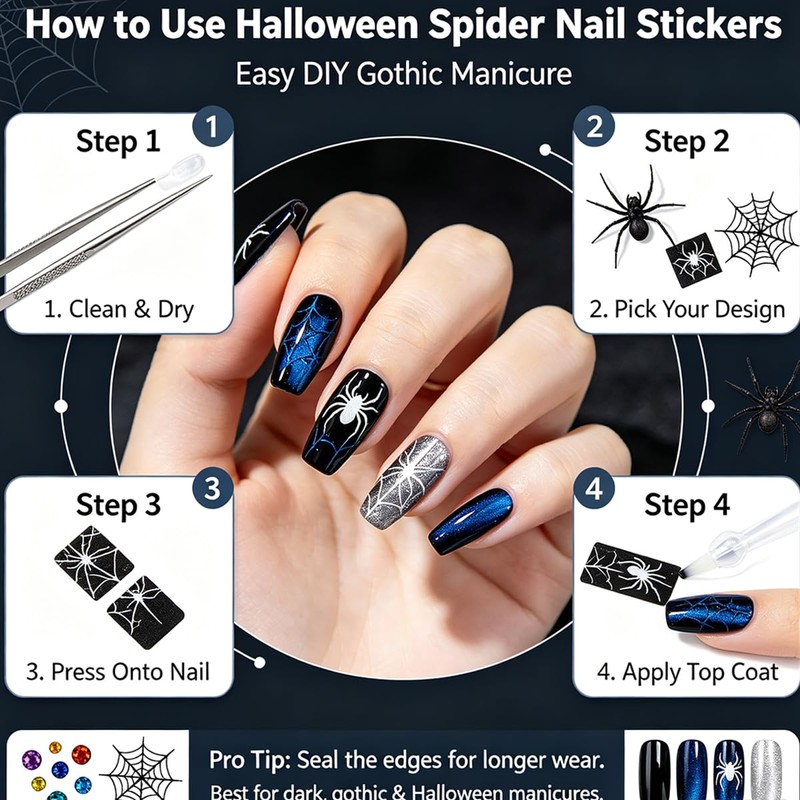 5D Embossed Silver Spider Nail Stickers