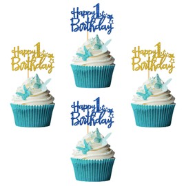 RoadSea Happy 103rd Birthday Cupcake Toppers - Adults Women Men 103 Years Old Birthday Cupcake Supplies - 103rd Birthday Party Decorations- 24 PCS Blue & Gold Glitter (103rd)