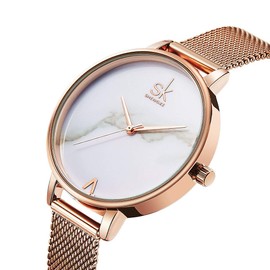 Alienwork SK Minimalist Women's Ultra Flat Elegant Watch, Rose Gold/White/Mesh Band Rose Gold, Minimalist