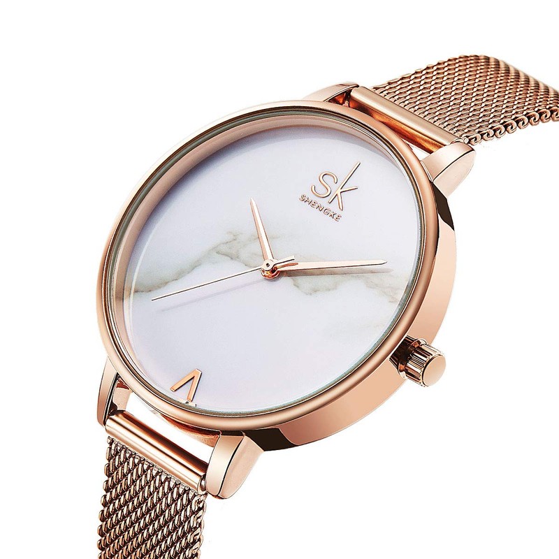 Alienwork SK Minimalist Women's Ultra Flat Elegant Watch, Rose Gold/White/Mesh