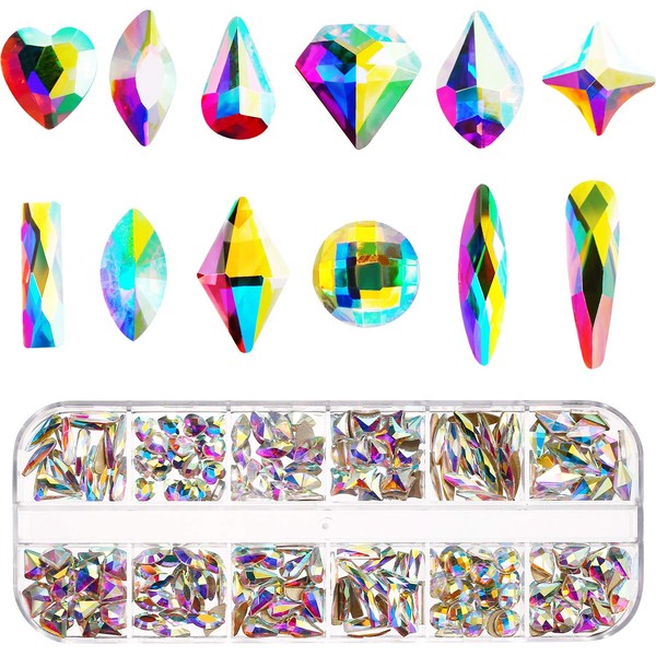 Multi Shapes AB Nail Diamond Flatback Rhinestones Crystals Nail Gems Mixed AB Nail Glass Crystals Stone jewels for Nail Clothes Shoes Bags Crafts Makeup (240 Pieces)