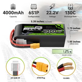 OVONIC 6S LiPo Battery 4000mAh 22.2V 130C RC Battery with XT90 Connector