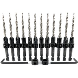 FTG USA Countersink Drill Bit Set 12 Pc #10 (3/16") Wood Countersink Drill Bit Pro Pack Countersink Set, Tapered Countersink Bit, Stop Collar, Hex Wrench, Woodworking Countersink Drill Bits