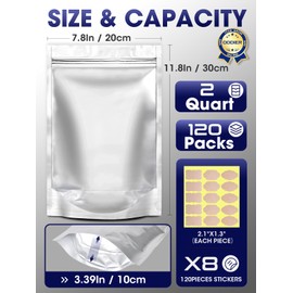 ODDIER 120pcs 7.8"x11.8" 2 Quart Mylar Bags for Food Storage Container Sets, Smell Proof Bag Heat Seal Food Storage Bags for Buckets Stand-up Foil Pouch Reuseble for Long Term