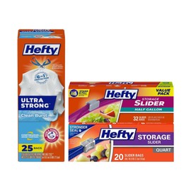 Hefty Ultra Strong Tall Kitchen Trash Bags, Clean Burst, 25CT + Slider Bags 20CT, + Slide Bags 32CT (Variety Pack)