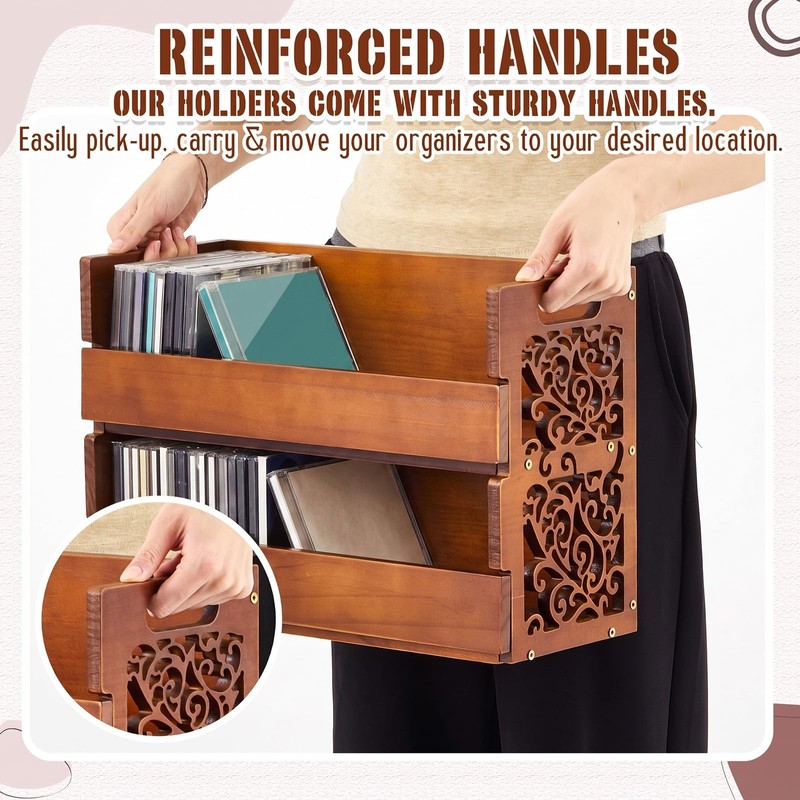 CroBlissful 2-Tier Wooden CD Storage Holder, Cutout Brown CD Display