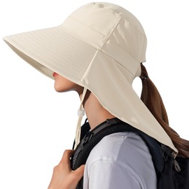 CHATSZ Sun Hat for Women, UV Protection UPF 50, Wide Brim Neck Flap Ponytail Hole, Packable Sunhat for Fishing Hiking Camping Hunting Gardening Safari Outdoor Travel in Summer - Beige
