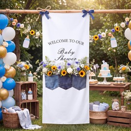 Irenare 60" x 27" Blue Jean Baby Shower Welcome Banner Sign Faux Denim Fabric Backdrop with Pockets and Bows Western Theme Photo Props Entryway Display for Gender Reveal Celebration Party Decoration