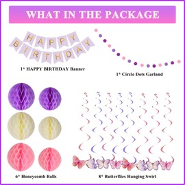 Birthday Decoration, Purple Birthday Party Decoration with Happy Birthday Banner, Honeycomb Ball, Butterflies Hanging Swirls, Circle Dot, Birthday Decorations Birthday Decoration for Women Girls