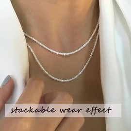 2pcs Layered Silver Necklaces for Women Silver Choker Necklace Set Sparkly Chain Necklace Dainty Choker Necklace for Women Glitter Twist Rope Chain Necklaces Gifts-Sparkle