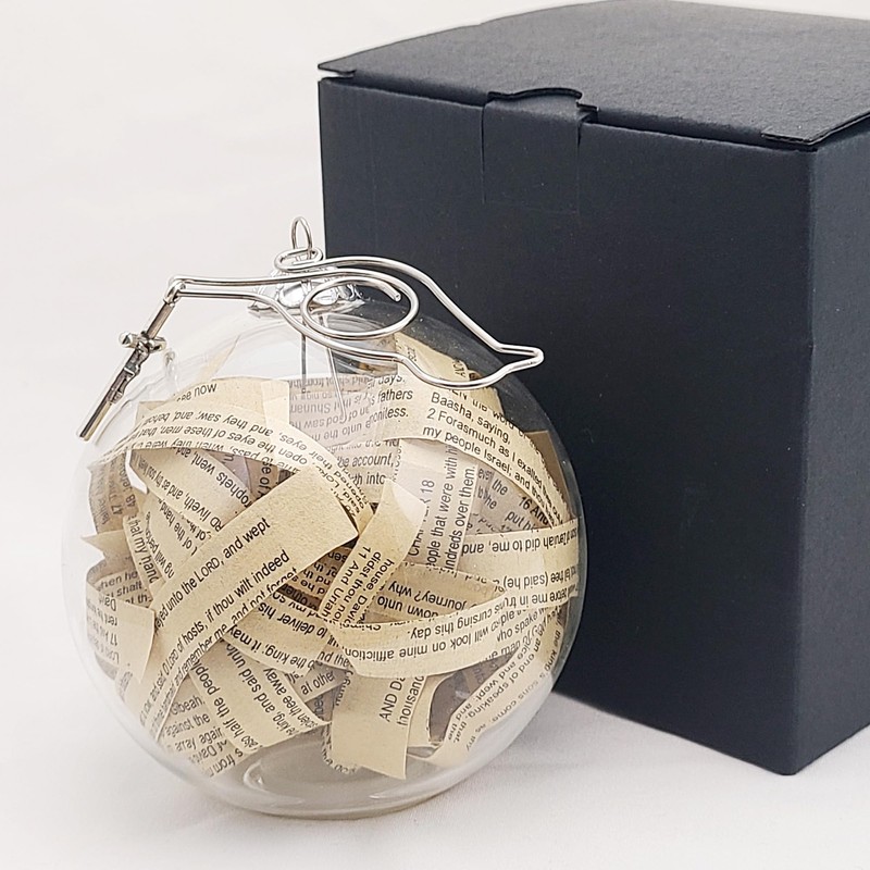 OKEA Pearlized Glass Ornament with Rescued Antiqued Bible Pieces Blessed