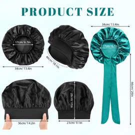 PAEFIU Pack of 2 Satin Silk Bonnet for Sleeping, Soft Sleep Cap Silk with 2 Hair Elastics, Breathable Satin Hair Cap, Silk Bonnet Sleep Cap for Long Short Curly Hair (Black, Peacock Blue)