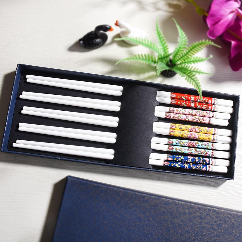 Ceramic Chopsticks 5 Pairs , 9.4" Reusable Chopsticks, Floral Patterns