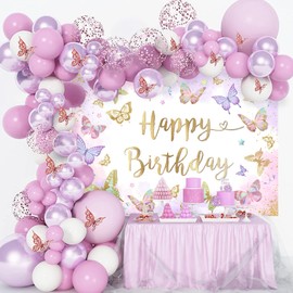 Mocsicka Butterfly Birthday Backdrop Purple and Gold Butterflies Birthday Background Violet Purple Gold Butterfly Kisses and Birthday Wishes Party Decorations (6x4ft)