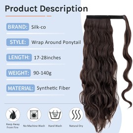 Silk-co Clip in Ponytail Hair Extension Brazilian Virgin Body Wave Wrap Around Synthetic Hair Ponytail 24Inch High Puff 100% Unprocessed Hairpiece for Women Dark Brown