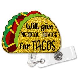 XQLZY Will Give Medical Advice for Tacos Gold Glitter Cute Badge Reel Retractable with Clips, Funny Taco ID Badge Holder Gift for Nurse Doctor Medical Graduate Midwife ED Colleague Social Worker